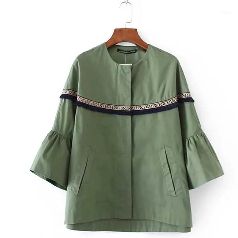 Women's Jackets Wholesale- 2021 Fashion Layered Tassel Women Jacket O Neck Flare Sleeve Basic Coats Plus Size Green Chaquetas Mujer YD83001