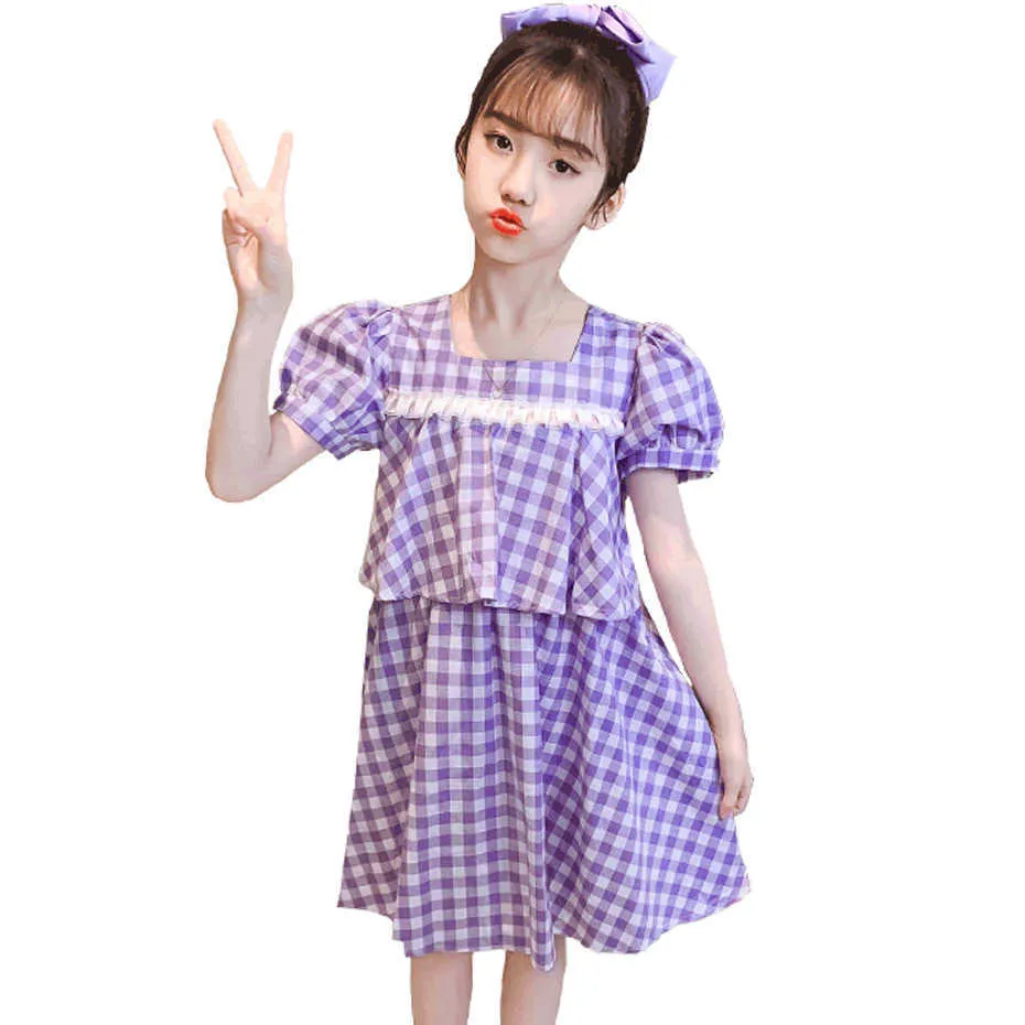Grande menina vestido xadrez padrão es para fitas partido criança verão s roupa 6 8 10 12 14 210528
