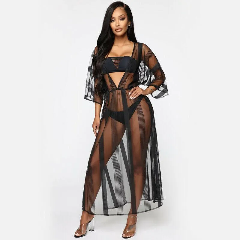 Femmes Maille Transparente Bikini Cover-up Été Cardigan Maillots De Bain Plage Robe Longue Femme Rayé Sexy Noir Cover Ups Sarongs