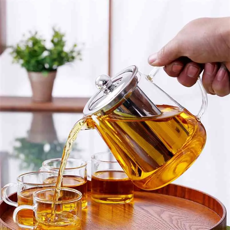 Heat Resistant Glass Teapot With Stainless Steel Infuser Heated Container Tea Pot Good Clear Kettle Square Filter Baskets 210813