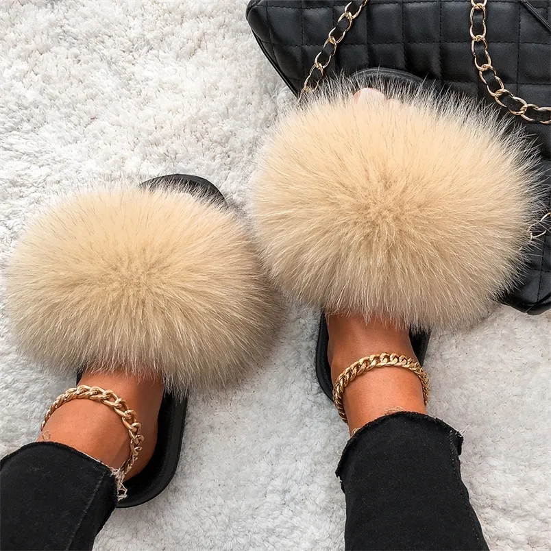 Ethel Anderson Fluffy Slippers Real Fur Slides Indoor Flip Flops Casual Shoes Woman Raccoon Fur Sandals Vogue Plush Shoes 220315
