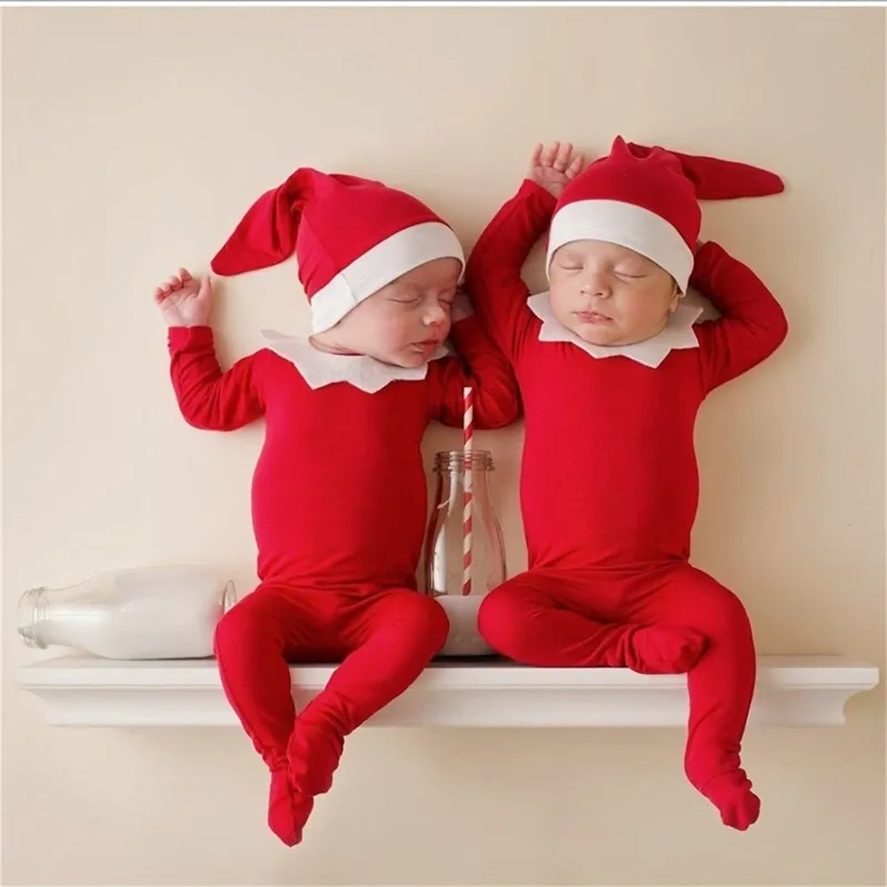 1 Set Newborn Baby Photography Props Natal Elf Outfit Manga Longa Footie Romper + Hat Santa Claus Vestido 2022