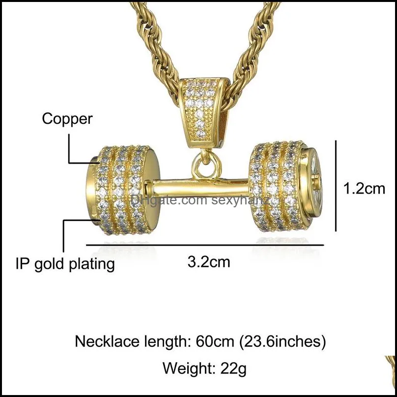 Iced Out Bling Rhinestone Rope Chain Necklace Barbell Gym Fitness Dumbbell Gold Color Hand Pendants Necklaces For Men Jewelry