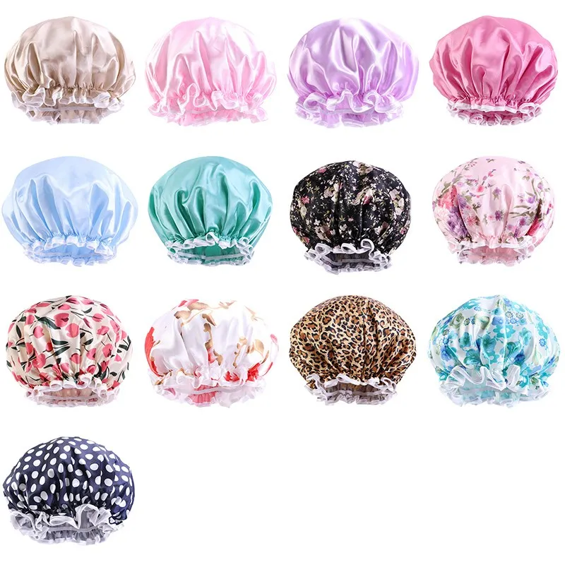 Large Size Satin Floral Print Waterproof Shower Cap With Elastic Band Double Layer Bonnet Bath Hat For Women Soft Headcover