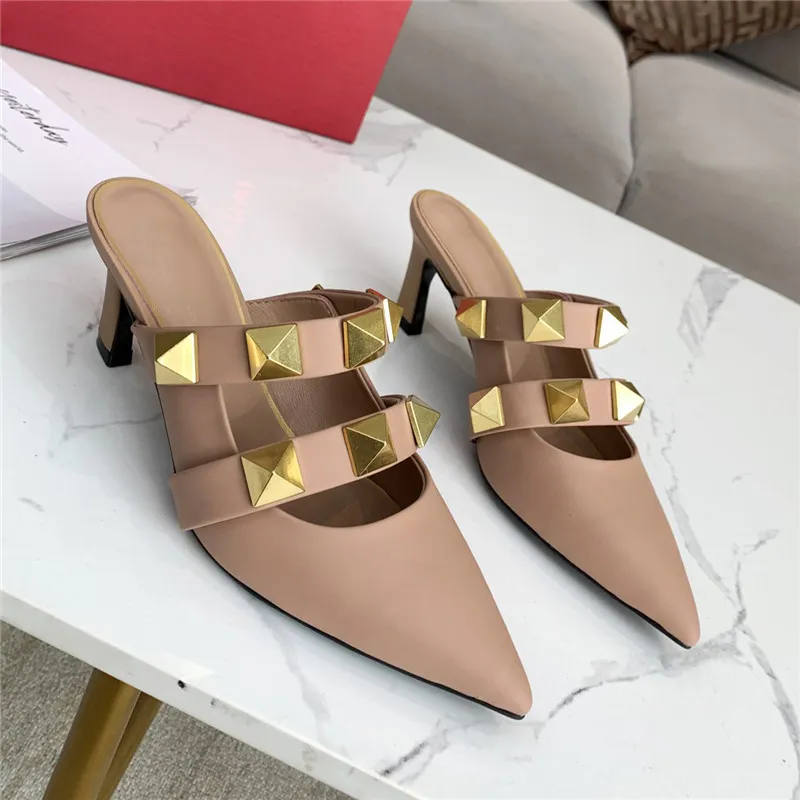 2021 Classics Women Sandals Pointed Rivets Slippers Nude Pumps High Heels Sandal Ankle Straps Spikes Slipper Genuine Leather Shoes with box