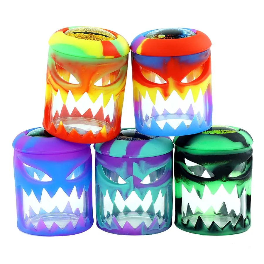 80ML Glass Jars silicone container oil lid Smoking Tobacco Display Tank Skull Eyes Smoke Accessories Colorful