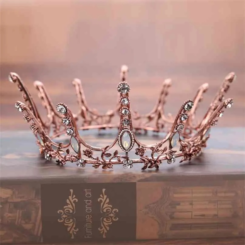 Vintage Barock Round Crown Bridal Bröllop Hår Tillbehör Kristall Big Smycken Pagant King Queen Tiara 210707