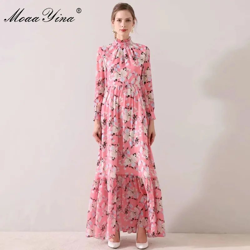 Robe de créateur de mode printemps été robe pour femme à manches longues imprimé fleuri Slim Maxi robes 210524