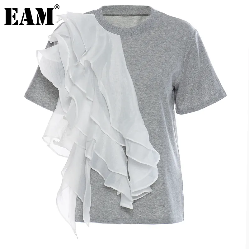 [Eam] Femmes Gris Blanc Rubriques irréguliers T-shirt Voile T-shirt rond Col à manches courtes Mode Spring Summer Summer 1DDD625 210512