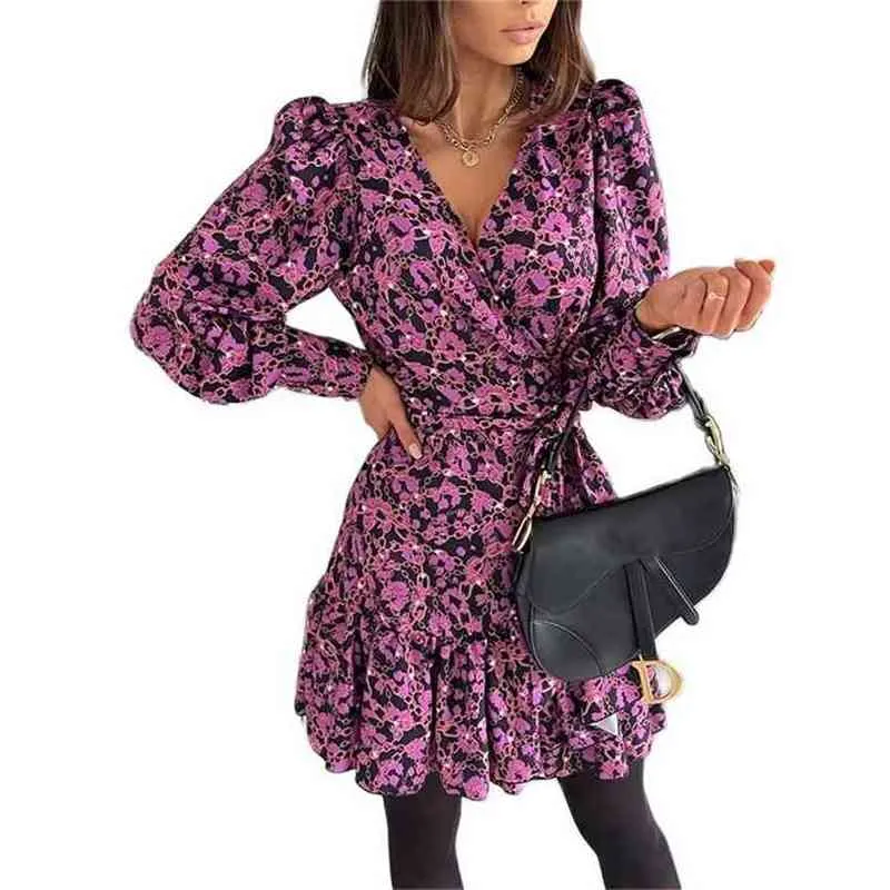 Mode långärmad pläddryckad blommig kvinna klänning vår casual a-line kjol 210520