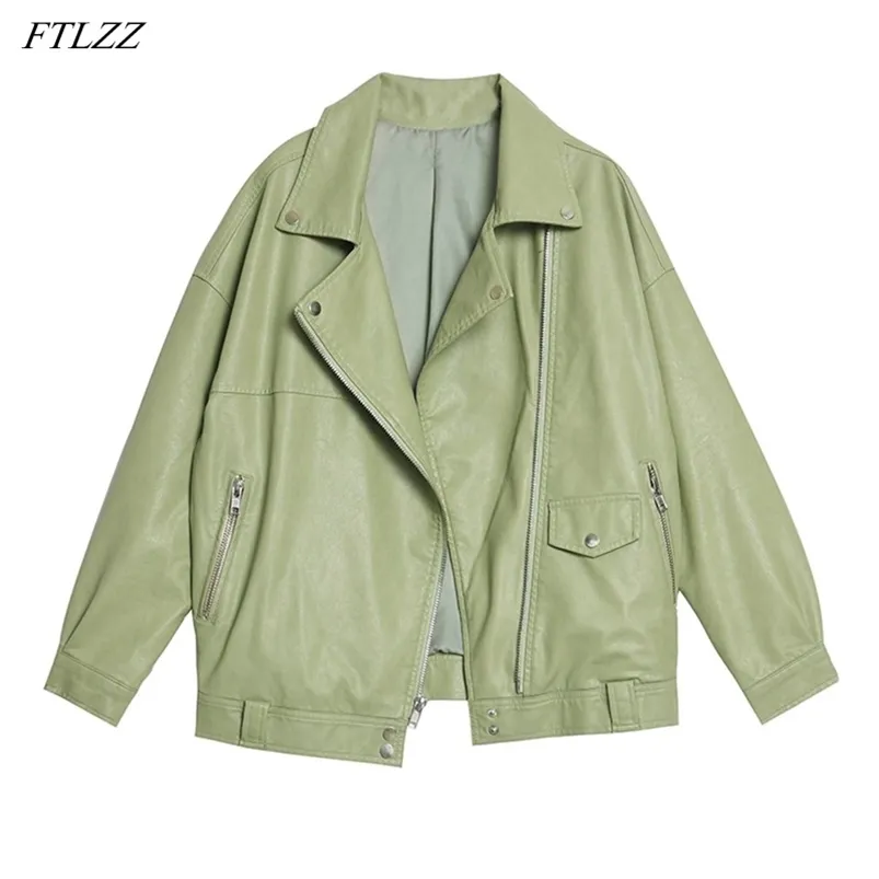 Autumn Women Loose Green Pu Faux Soft Leather Jacket Casual Female Zipper Streetwear Turn Down Collar Coat Outwear 210430