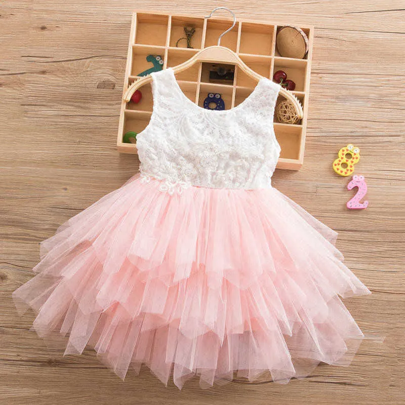 2021 neue Marke Sommer Kleider Für Mädchen Backless Flauschigen Kuchen Zerschlagen Kleid Elegante Prinzessin Party Kleid Mädchen Geburtstag Kostüm 2 6Y Q0716