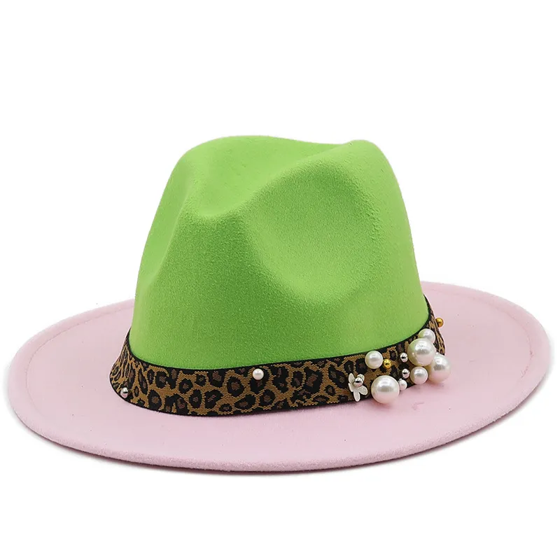 2022 nouvelles femmes Double face Patchwork Jazz chapeau haut de forme avec perle léopard bande unisexe large bord fête mariage Vintage Fedora chapeaux