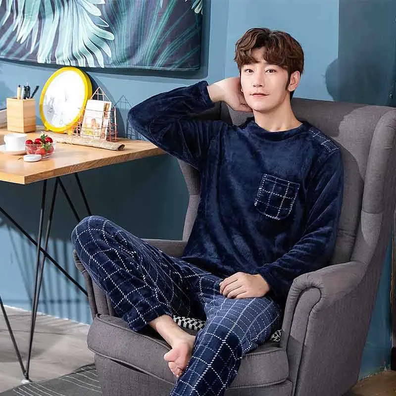 Winter Long Sleeve Thick Warm Flannel Pajama Sets For Men Coral