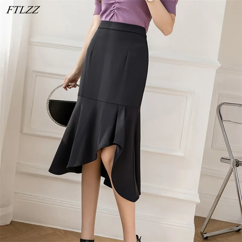 High Waist Women Solid Color Black Knee-length Skirts Spring Summer Casual Female Ruffles Asymmetrical Ladies Skirt 210430