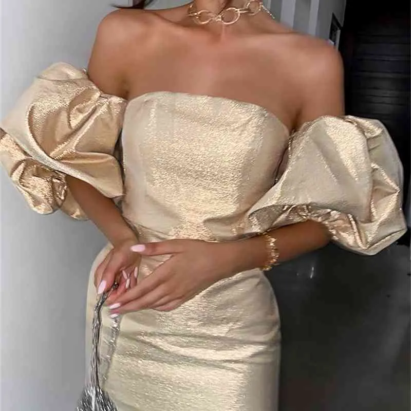 Kvinnor Sexig Strapless Gold Party Dress Elegant Trendig Designer Celebrity Prom Evening Cocktail Bodycon 210527