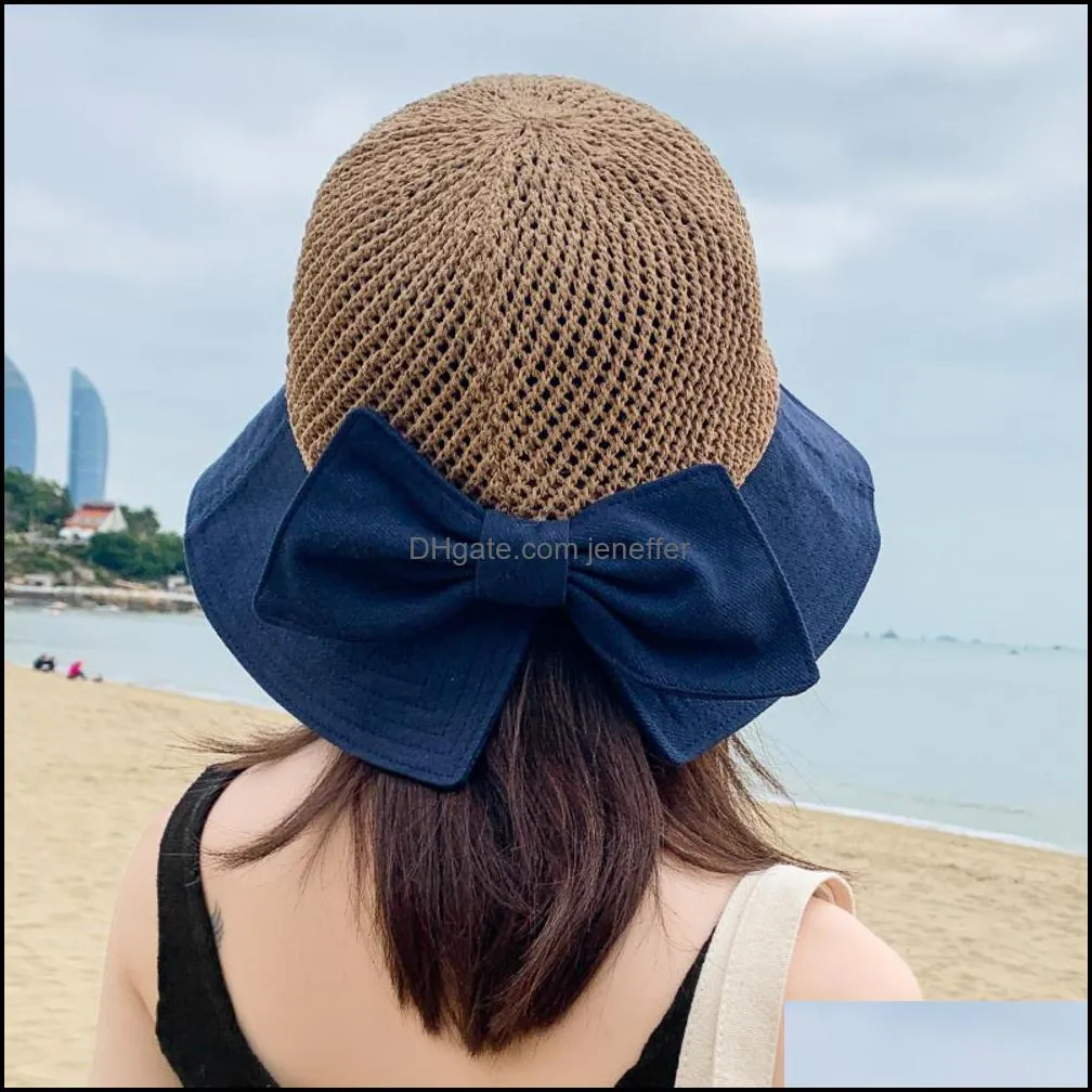 2020 New Bow Sun Hat Cap Wide Brim Floppy Top Summer Hats For Women Beach Panama Straw Dome Bucket Hat Hollow Out Visor Bonnet C0305