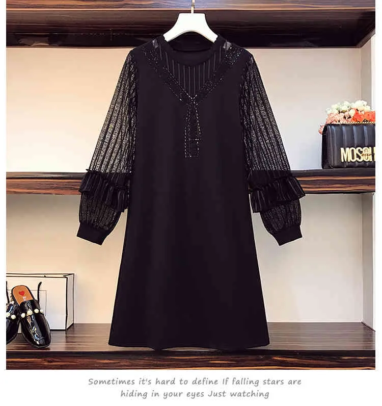 Women Black Elegant Short Dress Autumn Sexy See Through Mesh Stripe Long Sleeve Patchwork Diamond Dresses 210428