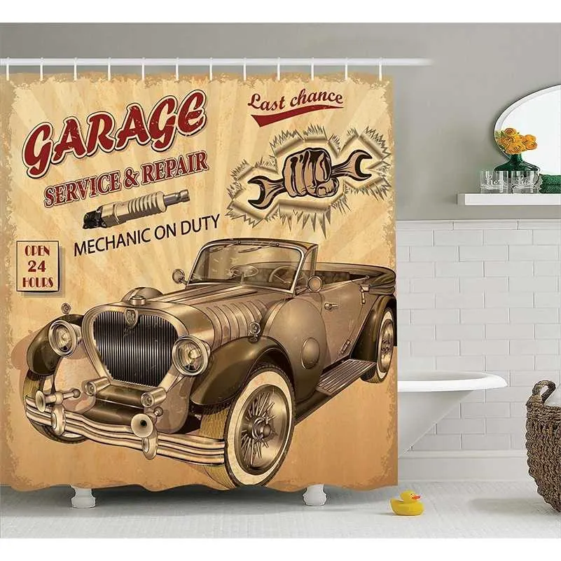 Vintage dekor Dusch gardin nostalgisk bil figur med garage service och reparation butik fras daterad blekad, tyg badrum inredning 211116