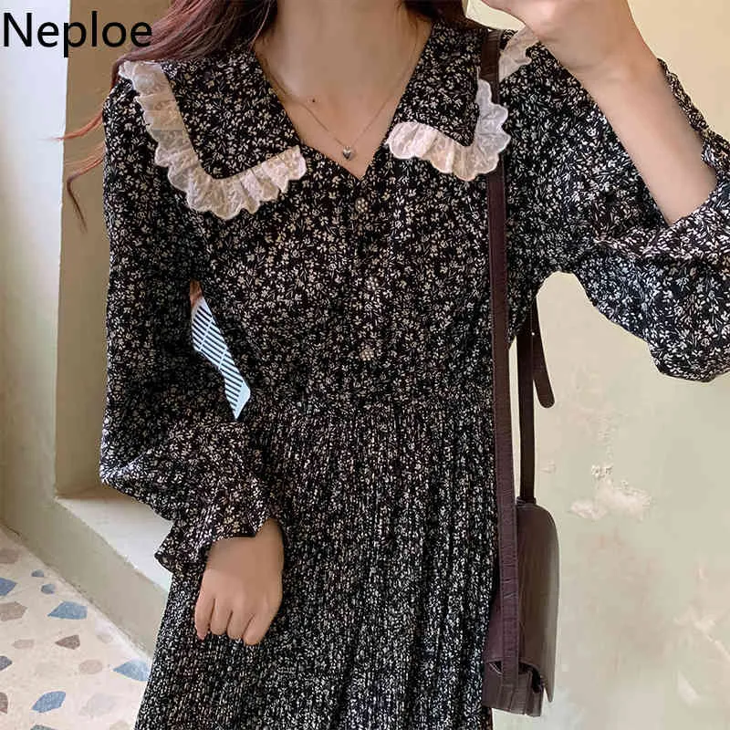 Neploe Women Dress Retro Floral Chiffon Vestidos Spring Plus Size Lace Patchwork Ropa Mujer Long Sleeve Slim Waist Midi Dresses 210422