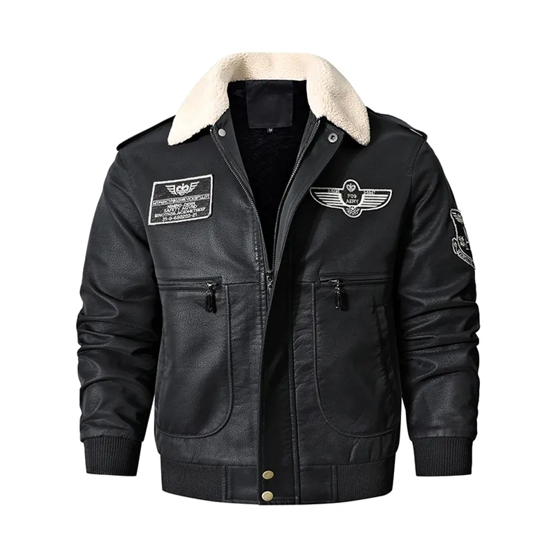 Erkek Bombacı Motosiklet Deri Ceket Vintage Kahverengi Askeri Uçuş Ceket Kış Polar Faux Deri Pigskin Artı Boyutu Jaqueta 211008