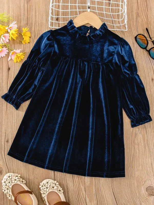 Toddler Girls Navy Blue Velvet Dress with Ruffle Neck and Flounce Sleeves  from Dhgate Girl's Dresses - price 45.25