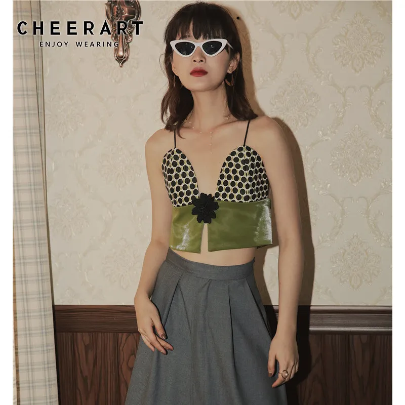Designer Bralette Crop Top Mulheres Cropped Cami Polka Dot PU Couro PePlum Green Bustier Moda 210427