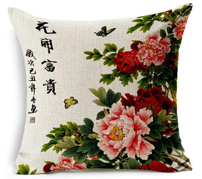 Kudde/dekorativ kudde datorer/parti kinesisk stil Peony ThickenLinen Cotton Sofa Cushion Cover Högkvalitativ bil/hemdekoration Lumbal Pillowca