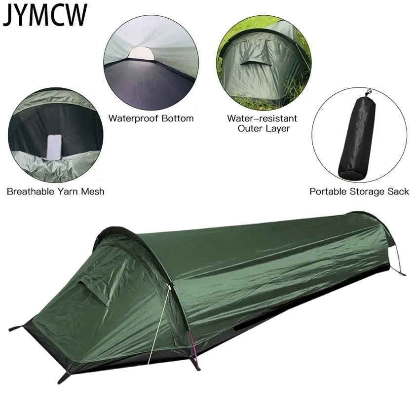 Camping ultralight tent, travel backpack single army green tent 100% waterproof sleeping bag 220216