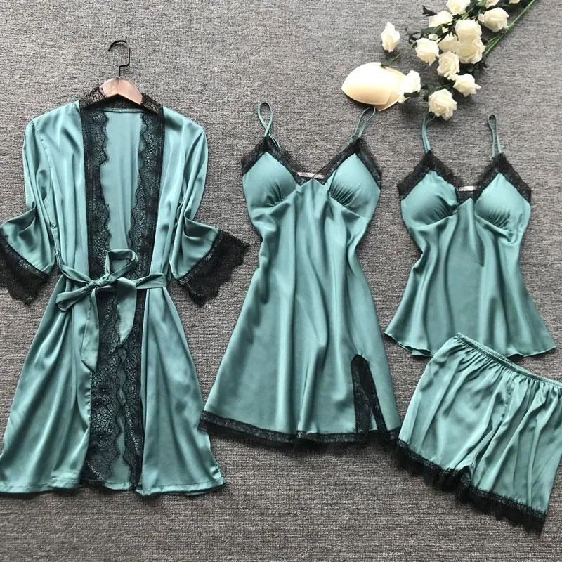 Vêtements de nuit pour femmes femmes Robe ensembles Lingerie Sexy dentelle chemise de nuit automne 4 pièces soie peignoir 2022