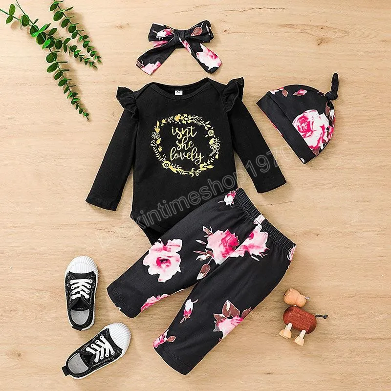 Baby Girls Clothing Set Romper + Flower Byxor Outfits Fall 2021 Barn Boutique Kläder 0-18m Spädbarn Toddler Bomull Långärmad 4 PC Suit