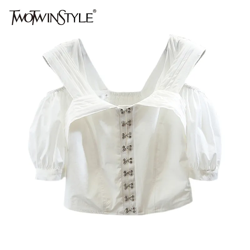 Camicie con bottoni in metallo patchwork bianco vintage per camicette slim da donna a maniche corte con scollo a scollo quadrato femminile 210524