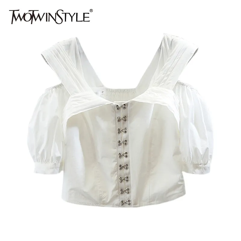 Vintage Blanc Patchwork Bouton En Métal Chemises Pour Femmes Col Carré Puff Manches Courtes Blouses Slim Femme 210524