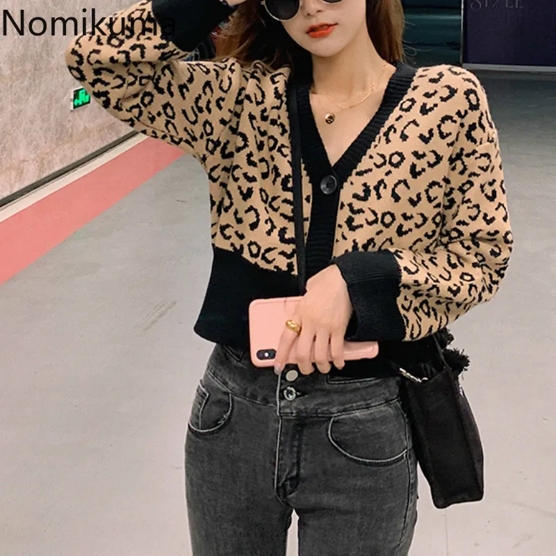 Nomikuma Leopard Cardigan Donne V Collo a maniche lunghe Cropped Tops femminile Single Breasted Casual Allentato Maglione Maglione Ladies 3D701 210514