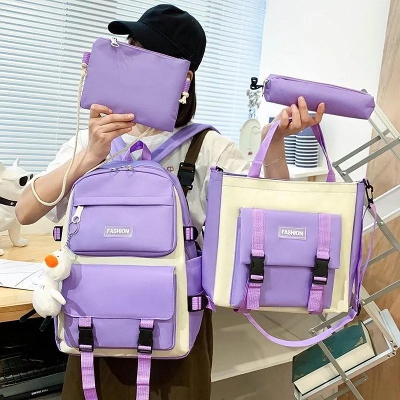School Bags 4-piece Set Of Fashion Women's Backpacks Canvas Large Capacity Travel Bag Waterproof Student 2021