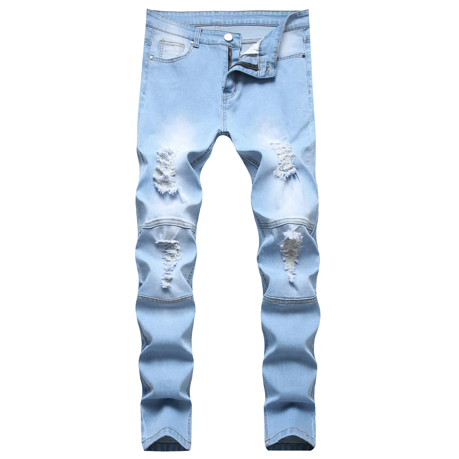 Mäns Jeans Man Vit Mid High Waist Stretch Denim Byxor Ripped Slim Skinny Fold För Män Jean Casual Fashion Personality Pant