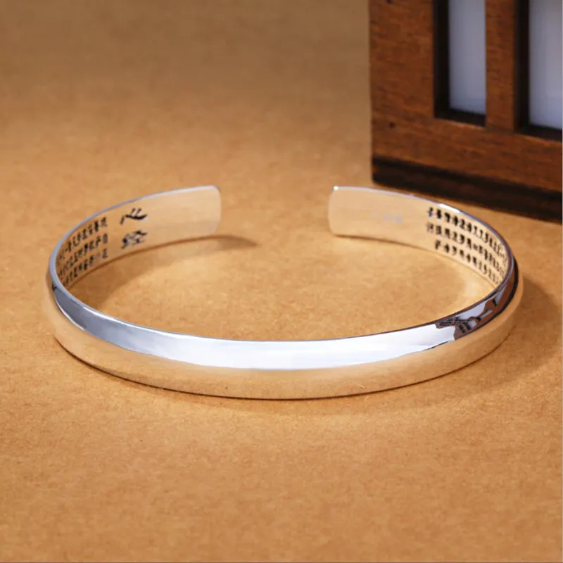 Real Pure 999 Silver Buddhist Heart Sutra Bangle Glossy Manschett Bracelet Femme Argent Skrift Armband Kinesiska Religiösa Smycken 210507