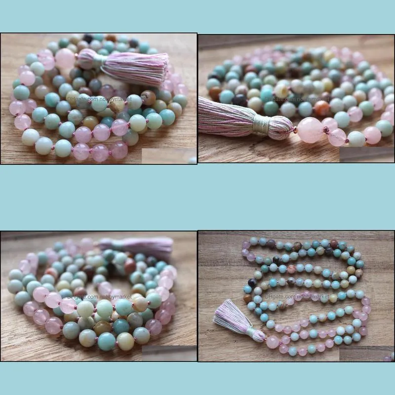 ite 108 Mala Bead Necklaces RoseQuartz Necklace Yoga Meditation Jewelry Tassel Necklace Hand Knotted Yoga Prayer Necklace 210323