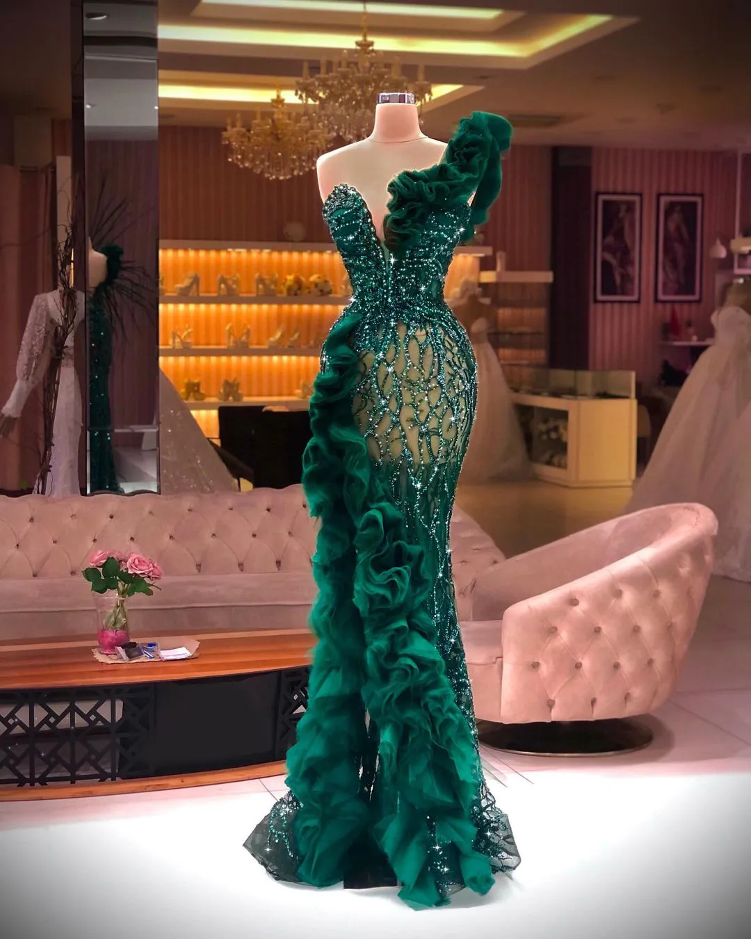 one shoulder sequin formal dress Poly USA 8984 One Shoulder Sequin Fringe Gown main image 1