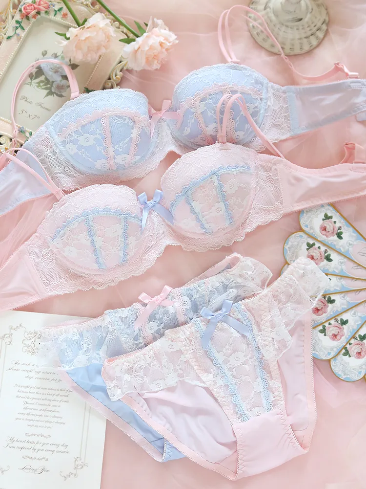 Japanska Underkläder Söt Lolita Lace Girl Heart Små färska och Tunna BH Set med stålring samlade kvinnor plus storlek underkläder