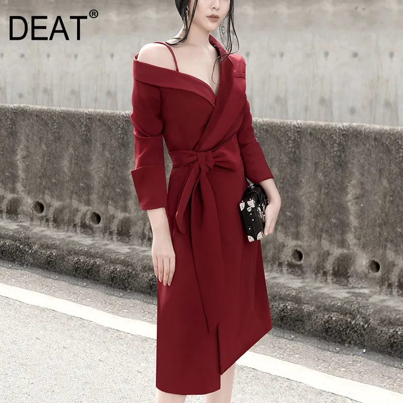 Women Red Wine Big Size Bow Sexy Dress Asymmetric Neck Long Sleeve Loose Fit Fashion Tide Spring Autumn GX160 210421