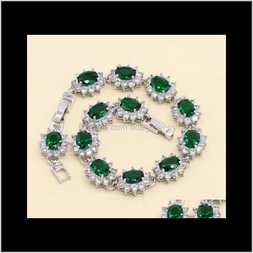 925 sterling silver jewelry set women birthday gift length bracelet necklace pendant earrings green semi-precious 2021