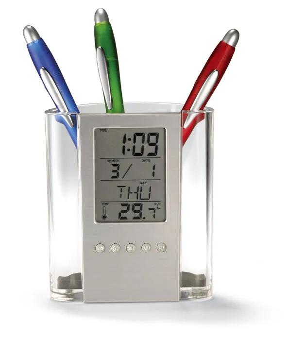 Horloge électronique transparente porte-stylo réveil thermomètre stockage calendrier bureau cadeaux créatifs vente directe d'usine