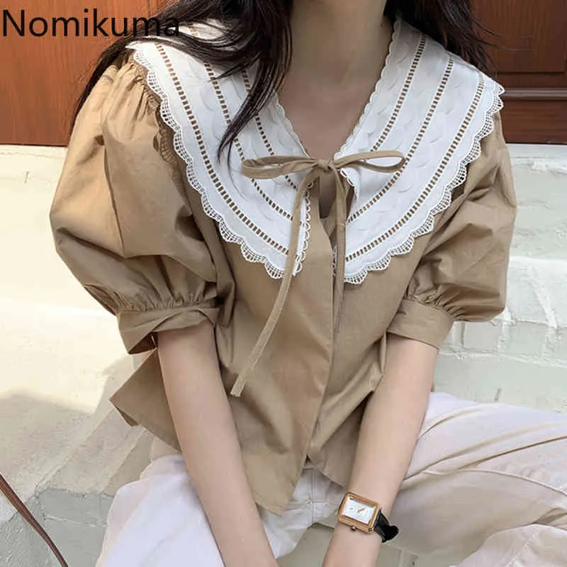 Nomikuma Korean Chic Blouse Open Stitch Bow Tie Lace Peter Pan Collar Shirt Puff Short Sleeve Sweet Blusas Cardigan 6G129 210427