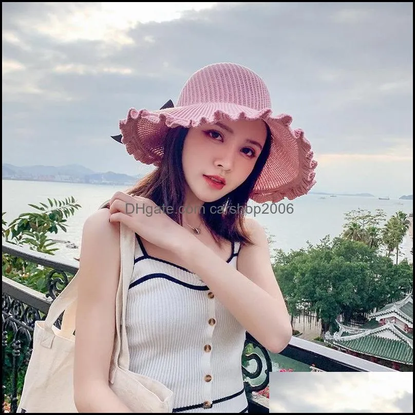 Wide Brim Hats Summer For Women Raffia Knitted Breathable Foldable Sun Hat With Bow Protection Sunshade Ruffle Beach Cap Travel