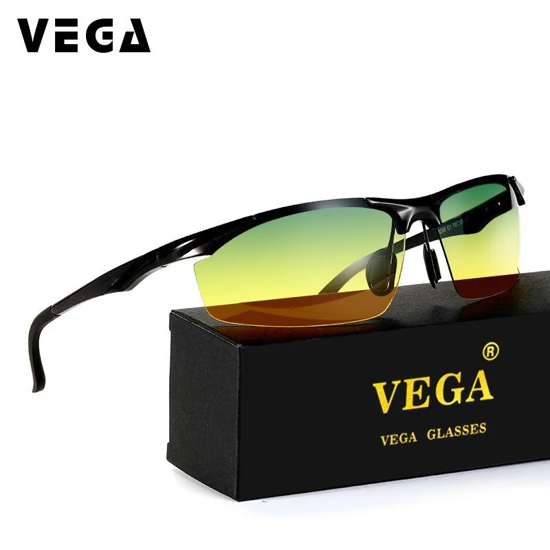 Cool Engratamento Polarizado Driving Sunglasses Homens de Alumínio Dia Durante Noite Óculos Óculos Semi-Rimless Liga De Liga Amarelo Lentes 2206