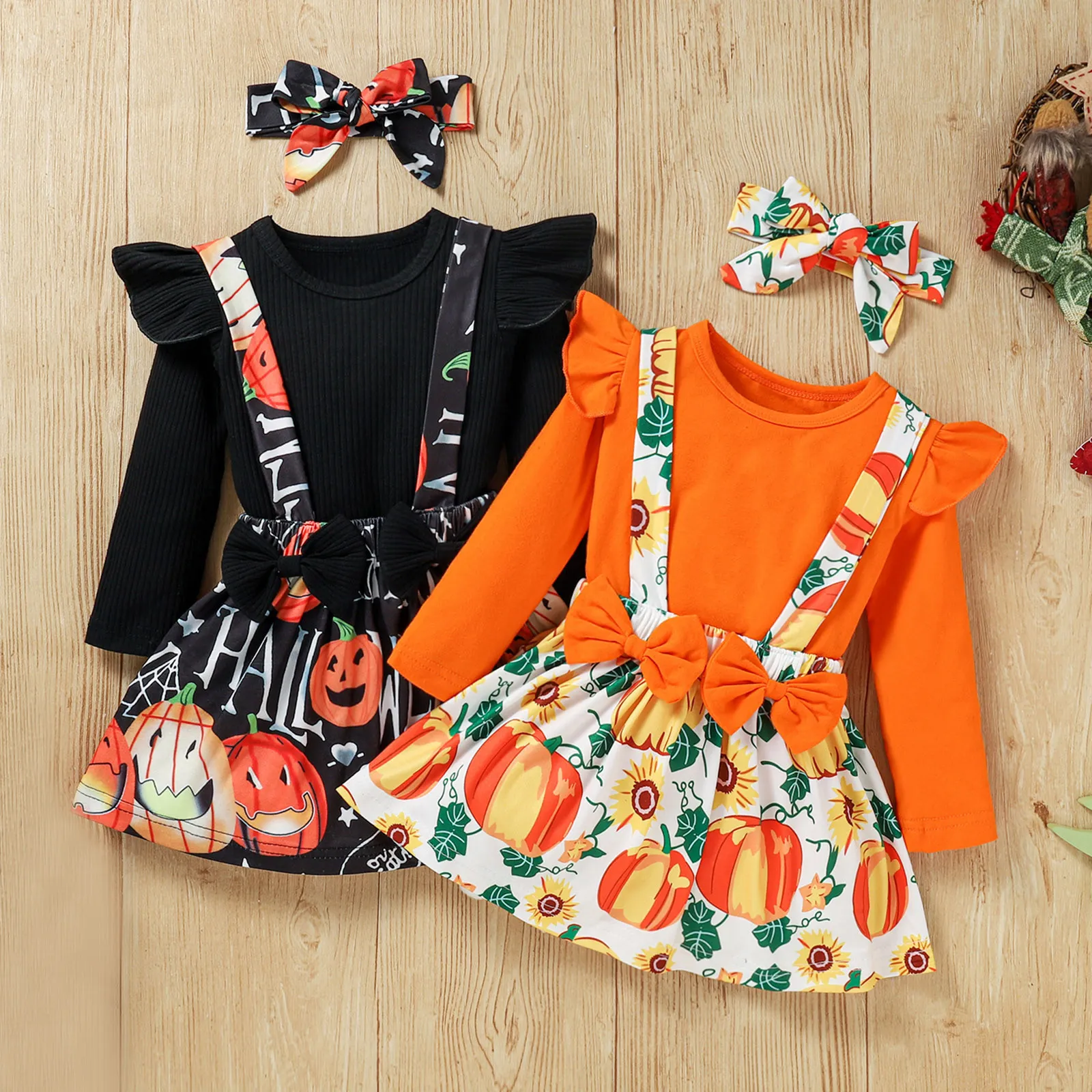 Halloween Noël Fille 3pcs Ensemble Nouveau-né Bébé Enfants Filles Vêtements Décontractés Halloween Imprimer Barboteuse Jarretelles Jupe Bandeau Tenues