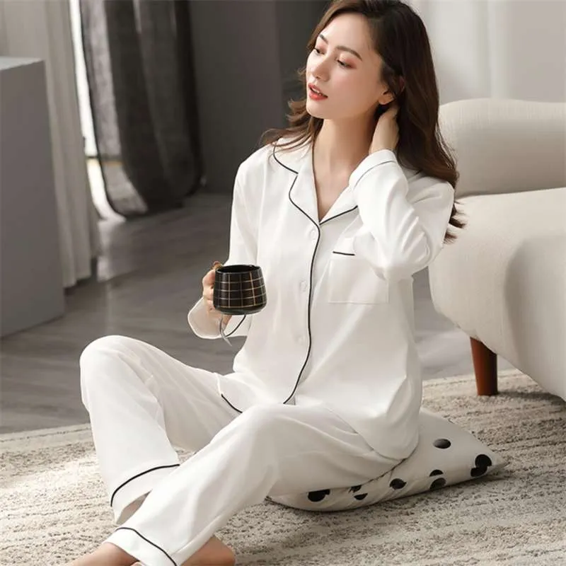 Pigiama 100% cotone per donna PJ maniche lunghe Pijama Mujer Invierno Button-Down Winter Sleepwear Set Donna Pigiama in cotone bianco 210928