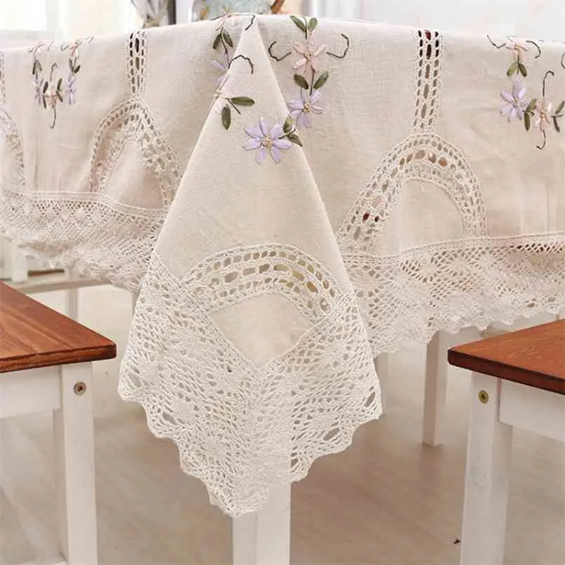 Top European Broderi Table Cover Lace Round Cloth Elegant Julduk Virkett Floral Dining Kläder 210626