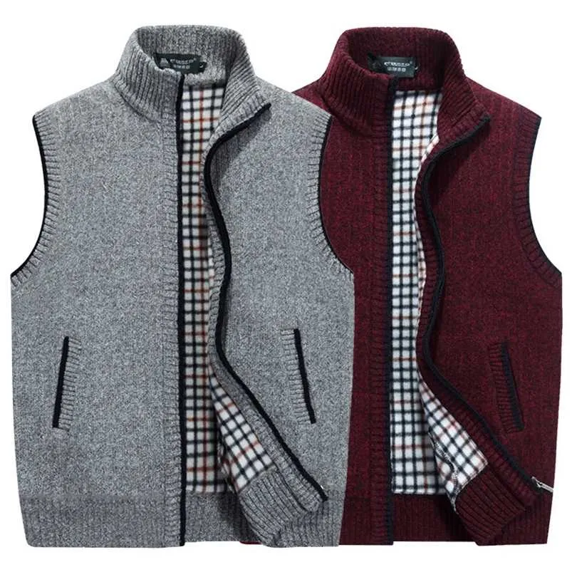Camisolas grossas masculinas colete outono inverno quente sem mangas jaquetas sweatercoat de malha com zíper colete outerwear casaco masculino 220108